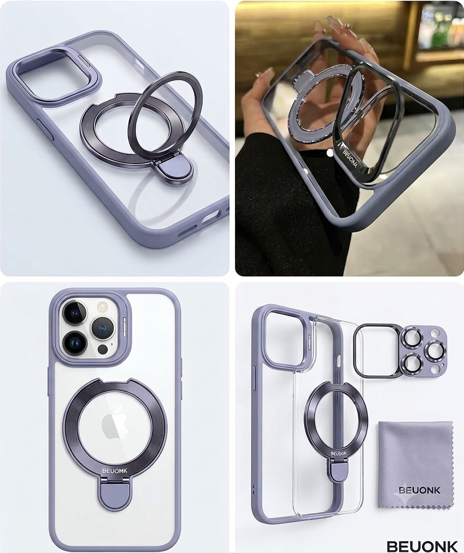 BEUONK Crystal Clear MagSafe Case with Ring Kickstand and Camera lens