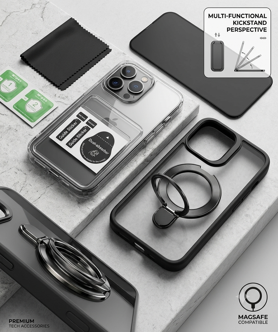 BEUONK Crystal Clear MagSafe Case - Black bundle with all accessories laid out